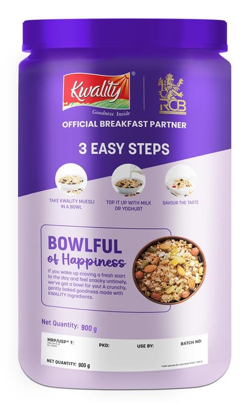 Image of Kwality RCB Muesli Fruit & Nut 900g Jar | 88% Multi Grains | Natural Source of Vitamin & Iron | High in Protein & Fiber | Healthy Breakfast Cereal | Endorsed by Royal Challengers Bangalore (RCB)