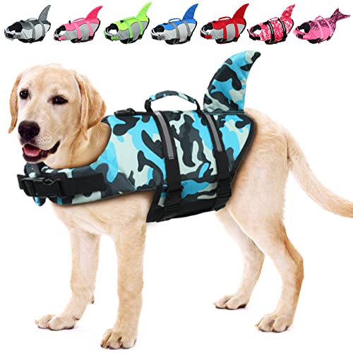 EMUST Dog Life Jackets, Dog Life Jackets for Swimming, Boating, Pool, Ripstop Dog Life Jacket with High Buoyancy and Lifting Handle for Small and Medium Breeds (M, Blue Camouflage)