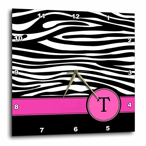 3dRose DPP_154291_2 Letter T Monogrammed Black & White Zebra Stripes Animal Print with Hot Pink Personalized Initial Wall Clock, 13 by 13