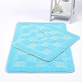 Bella Nights Squares 2 Piece Bath Mat & Pedestal Set – Non Slip & Extra Absorbent – Square Bathroom Toilet Rug Set – Soft Bath Mats for Bathroom Floor (Sky Blue) - Image 1