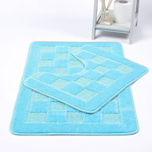 Bella Nights Squares 2 Piece Bath Mat & Pedestal Set – Non Slip & Extra Absorbent – Square Bathroom Toilet Rug Set – Soft Bath Mats for Bathroom Floor (Sky Blue)