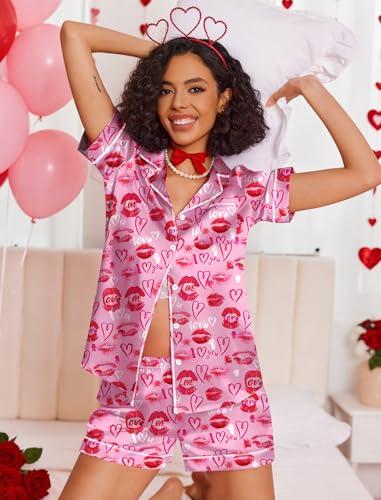 Image of Ekouaer Womens Satin Silk Pajamas Set Short Sleeve Sleepwear Button Down Top and Shorts Loungewear 2 Piece Pjs Set S-XXL Lip Print Heart Large