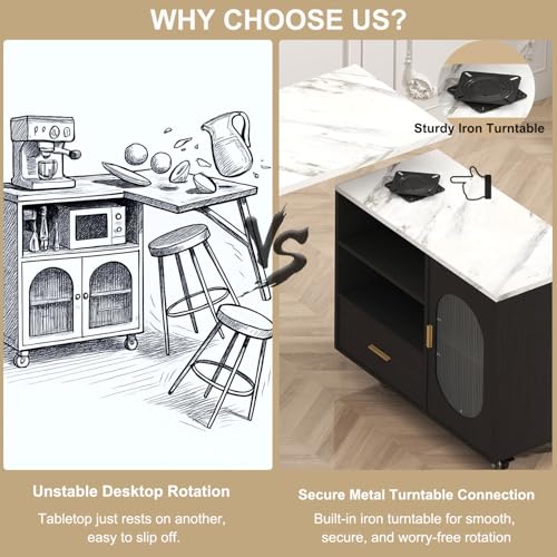 Image of HSH Rolling Kitchen Island with Seating & Storage with Wheels, White Marble | 72 inch Portable Island Table, 360 Swivel & Extendable White Faux Marble Top, Mobile Island Cart With Drawer Shelves For Kitchen