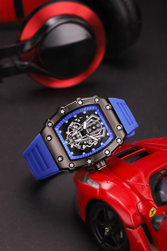 Image of Giordano Analog Quartz Watch for Men with Skeleton Rectangle Dial, Date Function, Luminous Hands and Markers, Silicone Strap - GZ-50237