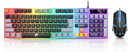Wired USB Keyboard and Mouse Combo, Full-Size 104-Key Layout, Rainbow LED Backlight, 1600 DPI, Splash-Resistant, Plug-and-Play, for Windows