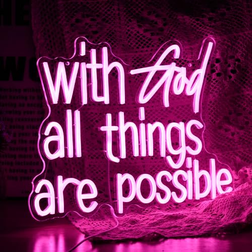 Image of With God All Things Are Possible Neon Sign Beautiful Pink God Led Lights for Wall Decor Dimmable USB Powered Light up Sign 16.9 * 13 Inch Neon Light for Room Party Wedding Church Decor