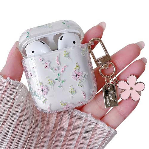 Image of MINSCOSE Compatible with AirPods 1&2 Clear Case, Cute Cartoon Flower Pattern Design with Aesthetic Floral Keychain Soft TPU Protective Shockproof Cover for AirPods 1&2 for Women Girls-Pink