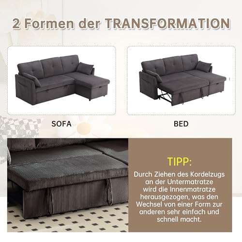 Dolamaní 3er-Sofa L Form with Storage Seats, Schlafsofa Sectional Couch mit Schlaffunktion und Bettkasten (Dunkelgrau, Samt) – Bild 6