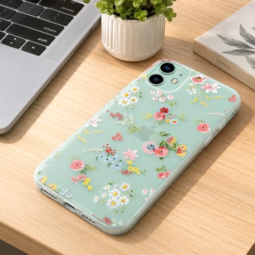 Image of SQUIF for iPhone 11 Back Case Cover Soft Silicone Translucent Matte Floral Printed Camera Protection (White)