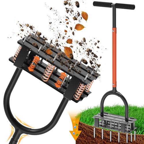 Image of Aerator Lawn Tool - 2-in-1 Reinforced Heavy Duty Manual Lawn Aerator with 15 Spikes, Automatic Dirt and Leaf Clean Design, Adjustable T-Handle (Orange)