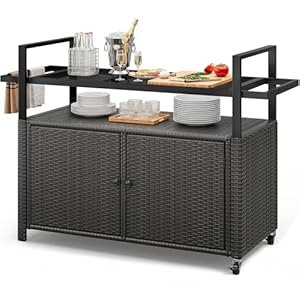 YITAHOME Large Outdoor Kitchen Wicker Island Rolling Cart &Bar Table, Wheels and Black Glass Table Top for Patio, Poolside and Backyard (Dark Brown) YITAHOME Large Outdoor Kitchen Wicker Island Rolling Cart Bar Table Wheels and Black Glass Table Top for Patio Poolside and Backyard Dark Brown