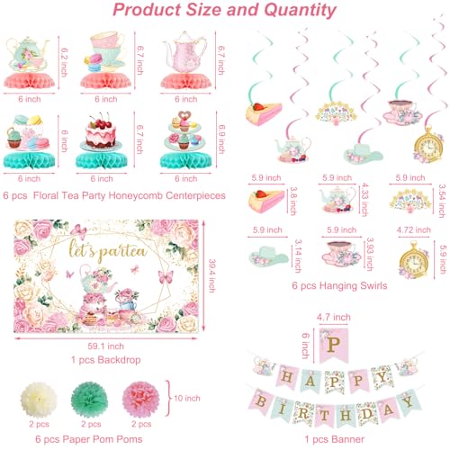 Image of Floral Tea Party Decorations Let's Par Tea Decorations with Floral Tea Honeycomb Centerpieces Tea Hanging Swirl Banner Backdrop Flower Ball for Birthday Baby Shower Wedding Tea Party Supplies