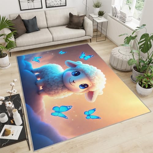 Niedlicher Schaf-Teppich, 152,4 x 304,8 cm, blauer Teppich für Schlafzimmer, Küchenteppich mit Tiermotiv, rutschfest, waschbar, warm, weich, für Kinder, kurzfloriger Teppich für Waschküche