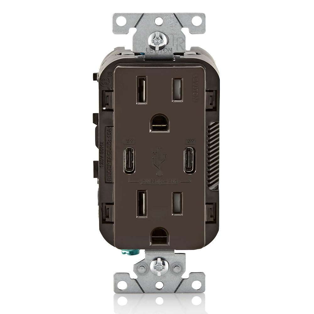Leviton T5637-B - Cargador USB dual tipo C de 30 W con toma de corriente de 15 A, cargador USB para smartphones y tabletas, color café