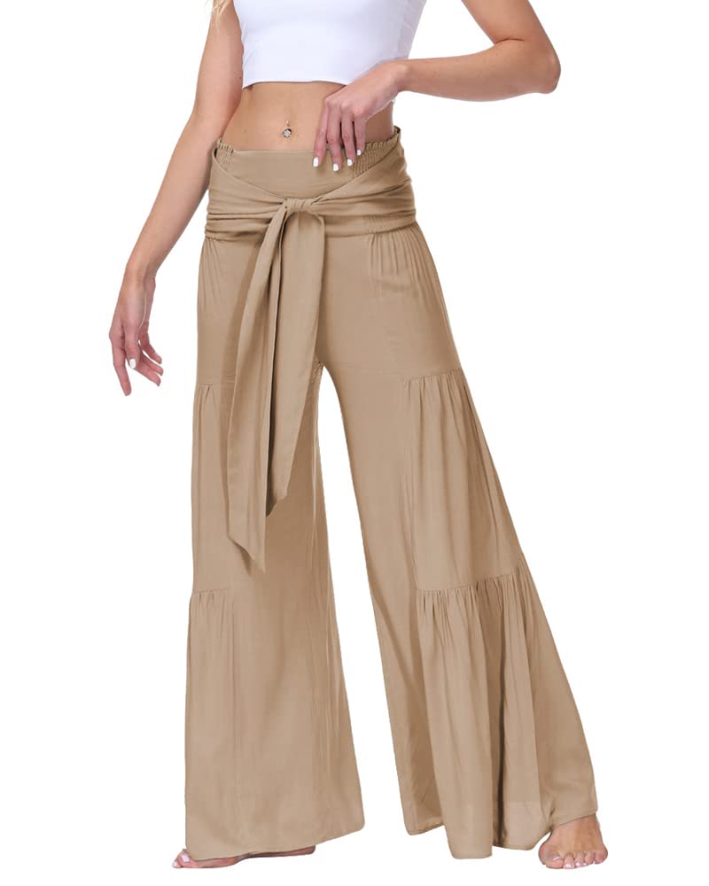 ebossy Womens Elastic High Waist Solid Tied Flared Pants Casual Loose Wide Leg Floor Length Long Pants