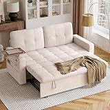 2 Seater Sofa Bed, 3-in-1 Convertible Pull Out Sleeper Sofa with USB& Type-C Ports, Removable Side Table, 6-Position Adjustable Backrest, Modern Double Sofa Bed for Living Room, Guest Room (Beige)