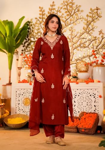 Image of Klosia Women Embroidery Solid Straight Kurta and Pant Set with Dupatta