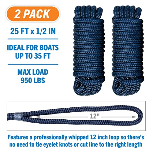 Image of Dock Lines for Boats 1 /2 inch x 25ft, 2 Pack Double Braided Nylon Boat Rope | 12 inch Loop, Marine Grade Mooring Line for Docking, Navy, Better Boat