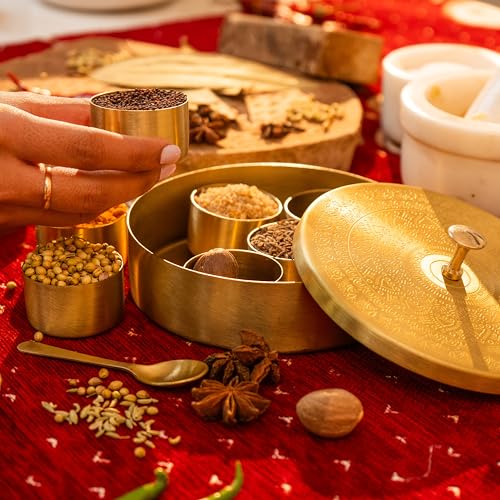 Image of Chutki Brass Masala Box with Spoon | Brass Spice Bowls | Handcrafted Masala Box Organizer | Kitchen Spice Storage Box