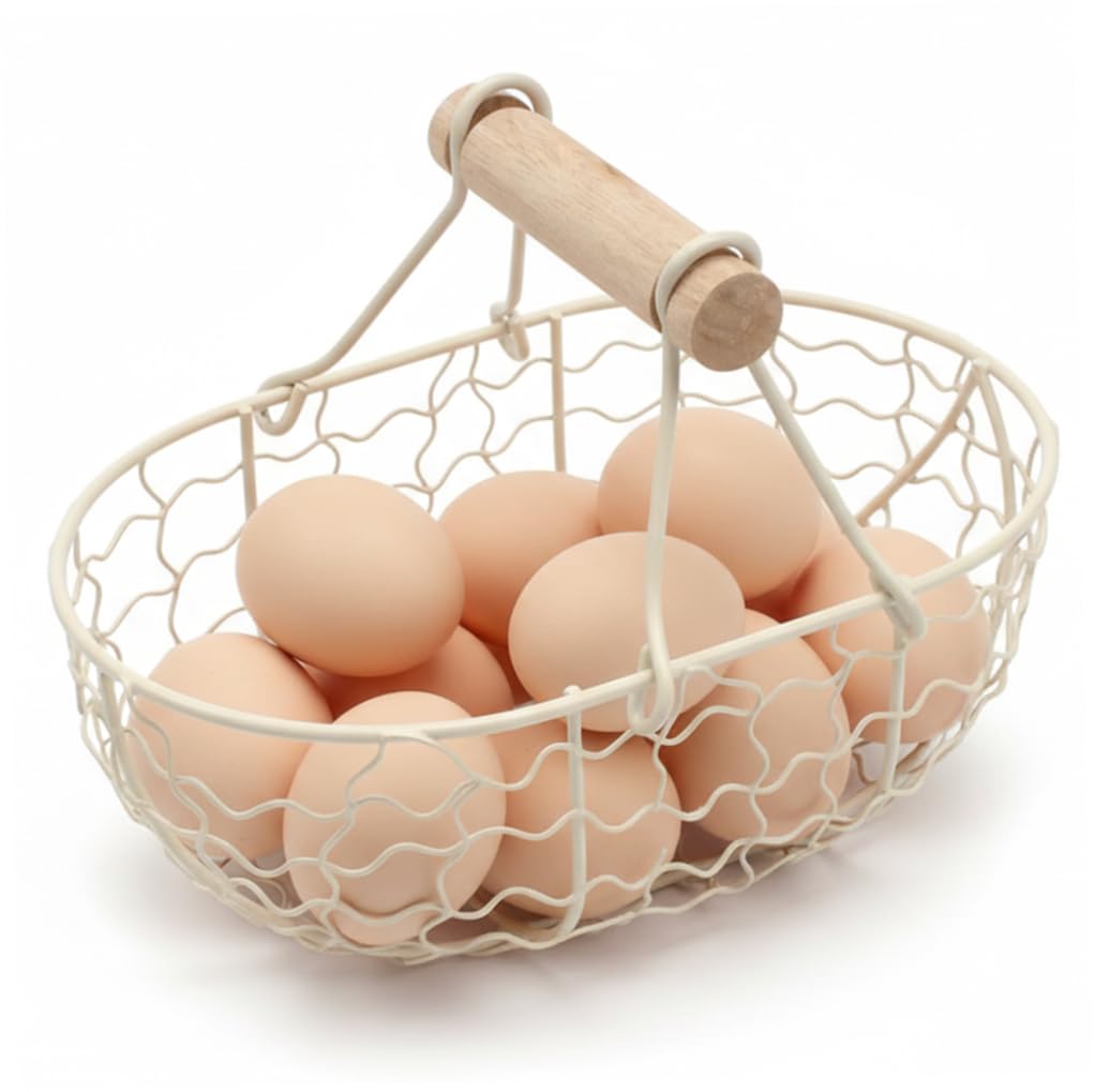 Egg Basket, Small Farmhouse Wire Basket with Wooden Handle Rustic Countertop Holder and Storage for Gathering Fresh Eggs, Egg Holder