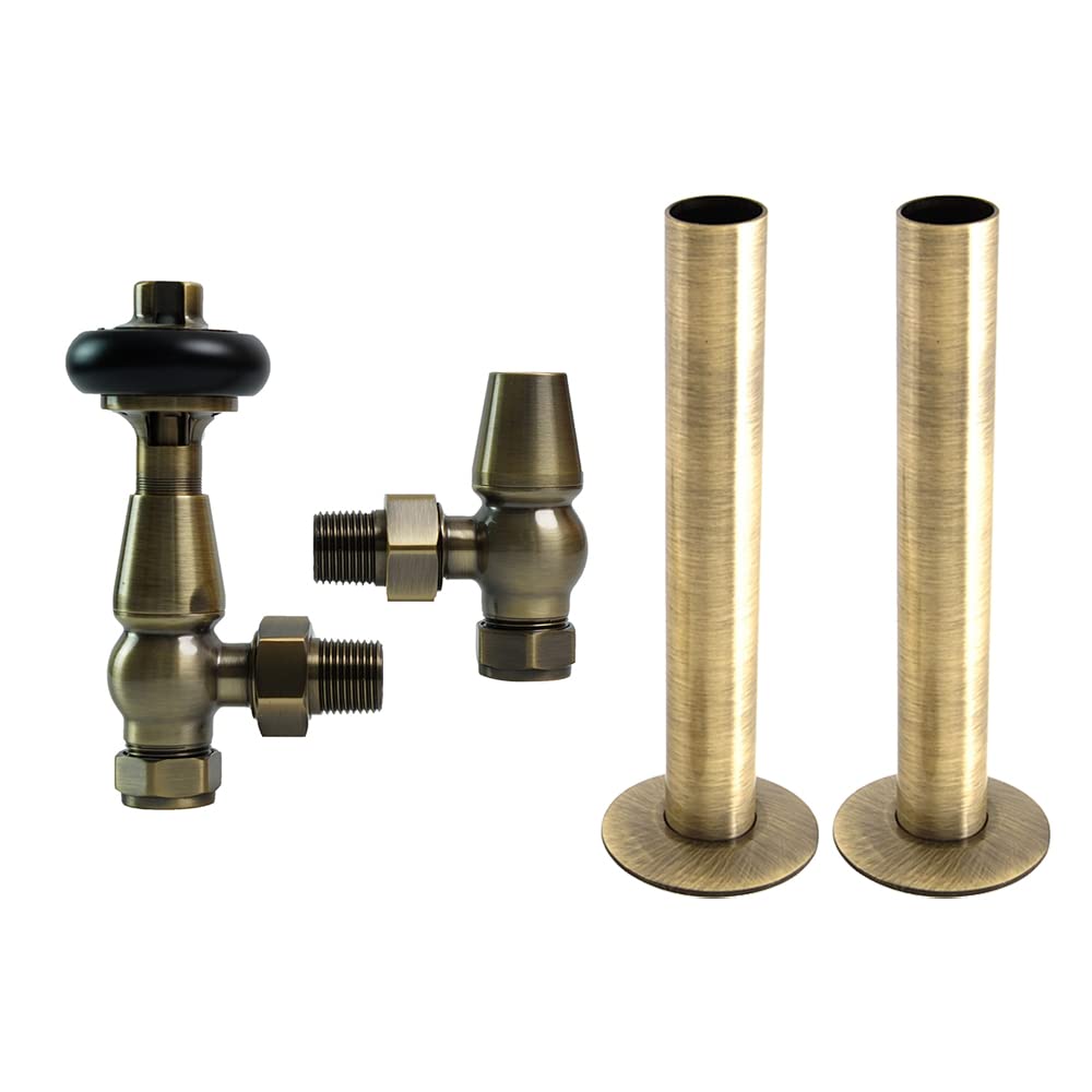 Nrg Polished Antique Brass-1 Traditional Angled Radiator Valve 15Mm Thermostatic Lockshield Valves (Polished Antique Brass With 180Mm Pipe)