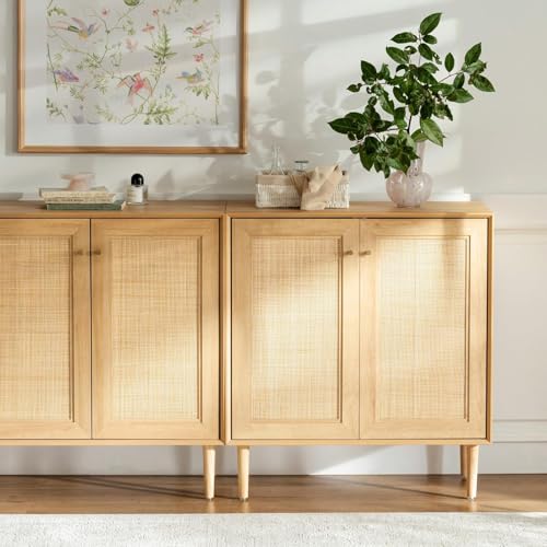 خزانة جانبية بنمط ريفي مع ابواب من الراتان، خزانة بوفيه بوهو لغرفة الطعام، تخزين المطبخ مع ارفف قابلة للتعديل، خزانة قائمة بذاتها للمدخل وغرفة المعيشة (بلوط طبيعي)