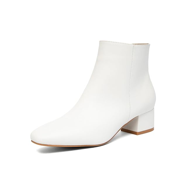 Womens Classic Ankle Boots White leather 2-inch square heel Round toe design Side zip fastening Office workwear Slip-resistant