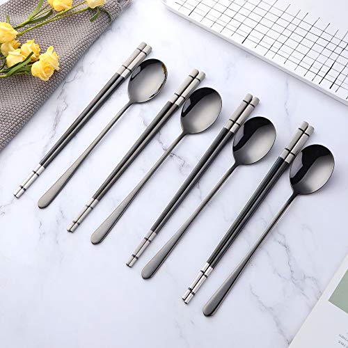 Buyer Star 4 Set Black Square Chopsticks and Spoons Set Metal Stainless Steel Spoons Chopsticks Set