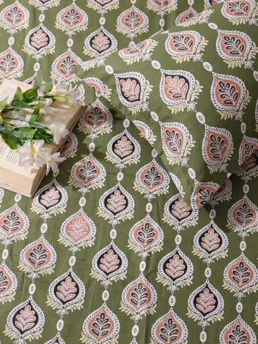 Image of Mafatlal 144 TC Floral bedsheet Double Bed Cotton, 90x100 inches Double Size Bed Sheet, Pure Cotton Full bedsheet with Pillow Cover, Bed Spread Set|Olive Green