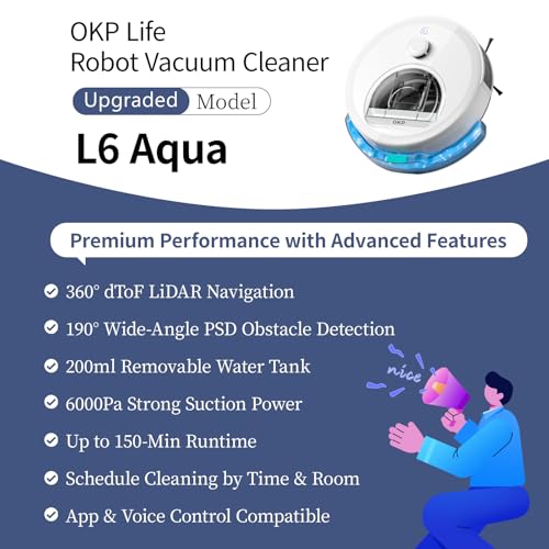 Image of OKP Life Robot Vacuum L6 Aqua,LiDAR Navigation, 3.7 inch Super Thin, 6000Pa Powerful Suction,150 Mins,Quiet, Self-Charging Robotic Vacuum Cleaner, 2.4G&5G WiFi,Cleans Hard Floors to Carpets, White