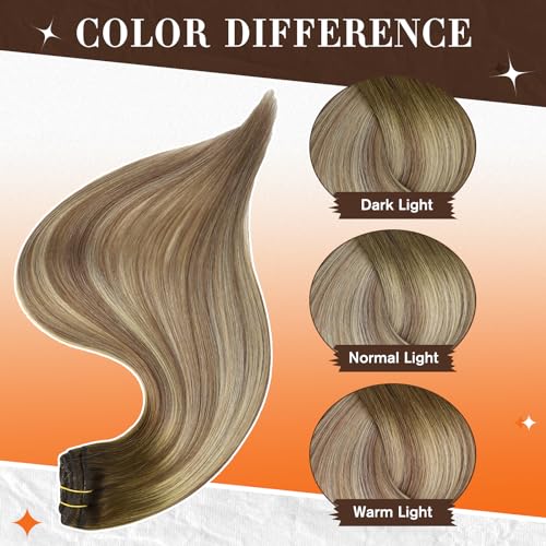 Image of Full Shine Human Hair Extensions Clip In Ash Brown Ombre Blonde 17 Inch 60g | 3 Pcs, Lightweight Fill Ins for Thin Hair, Lace Weft, Heat Styling Friendly, Shoulder-Length Hair Blending, Secure Hold