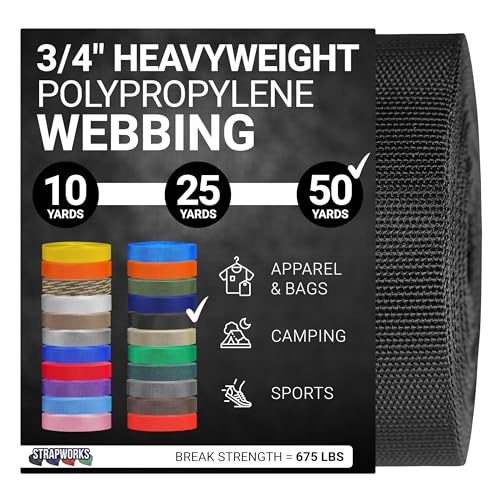 Strapworks Heavyweight Polypropylene Webbing - Heavy Duty Poly Strapping for Outdoor DIY Gear Repair, 3/4 Inch x 50 Yards, Black
