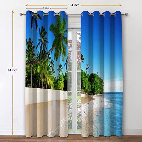 Jekeno Ocean Beach Palm Tree Blackout Curtains Tropical Blue Ocean Sky Sunny Seaside Scene Beach Decor for Bedroom Living Room Grommet Window Drapes 2 Panel Set, 52"x84"