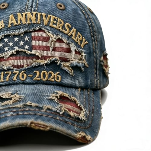 250 Anniversary USA Hat 250th Anniversary USA Ripped Denim Cap 250th Merchandise 1776-2026 Commemorative Baseball Cap Gifts for Patriots and Veterans Blue