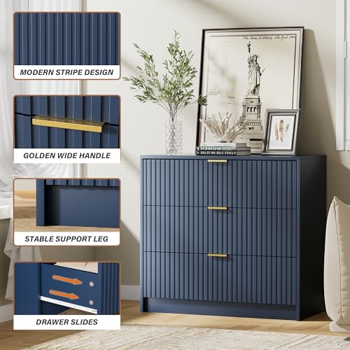 Image of Furniway Fluted Nightstands Set of 2, 31.5 inch Large Bedside Tables with 3 Drawers, Modern Wood Night Stands with Storage for Bedroom, Navy Blue
