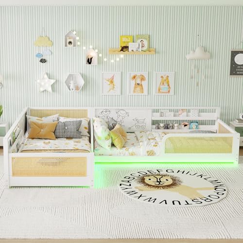 KEIKI L-Shaped Double Twin Size Pine Wooden Floor Bed Frame with Bookshelves & Whiteboards for 2 Detachable 2 in 1 Low Profile Floor Design Rattan Bed with Slats Easy Assembly for Bedroom White