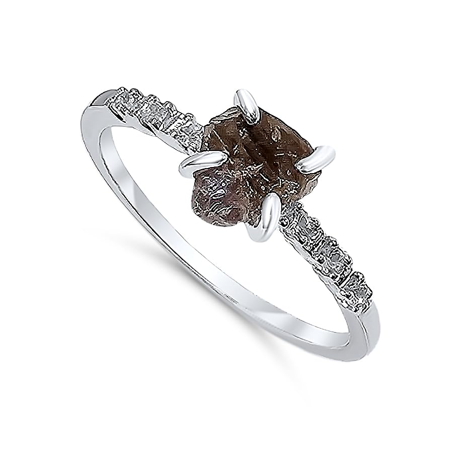 Real Raw Crystal Dainty Ring white Gold Birthstone gift for sister daughter niece Christmas birthday Uniquelan Jewelry (smoky-quartz, 4)