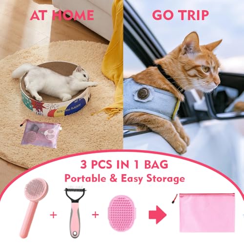 Image of Cat Brush for Shedding 5pcs - Long Haired Cats Brush, Indoor Cats Brush, Small Dogs Brush, Matted Fur Hair Brush with Flea Comb Set, Pink