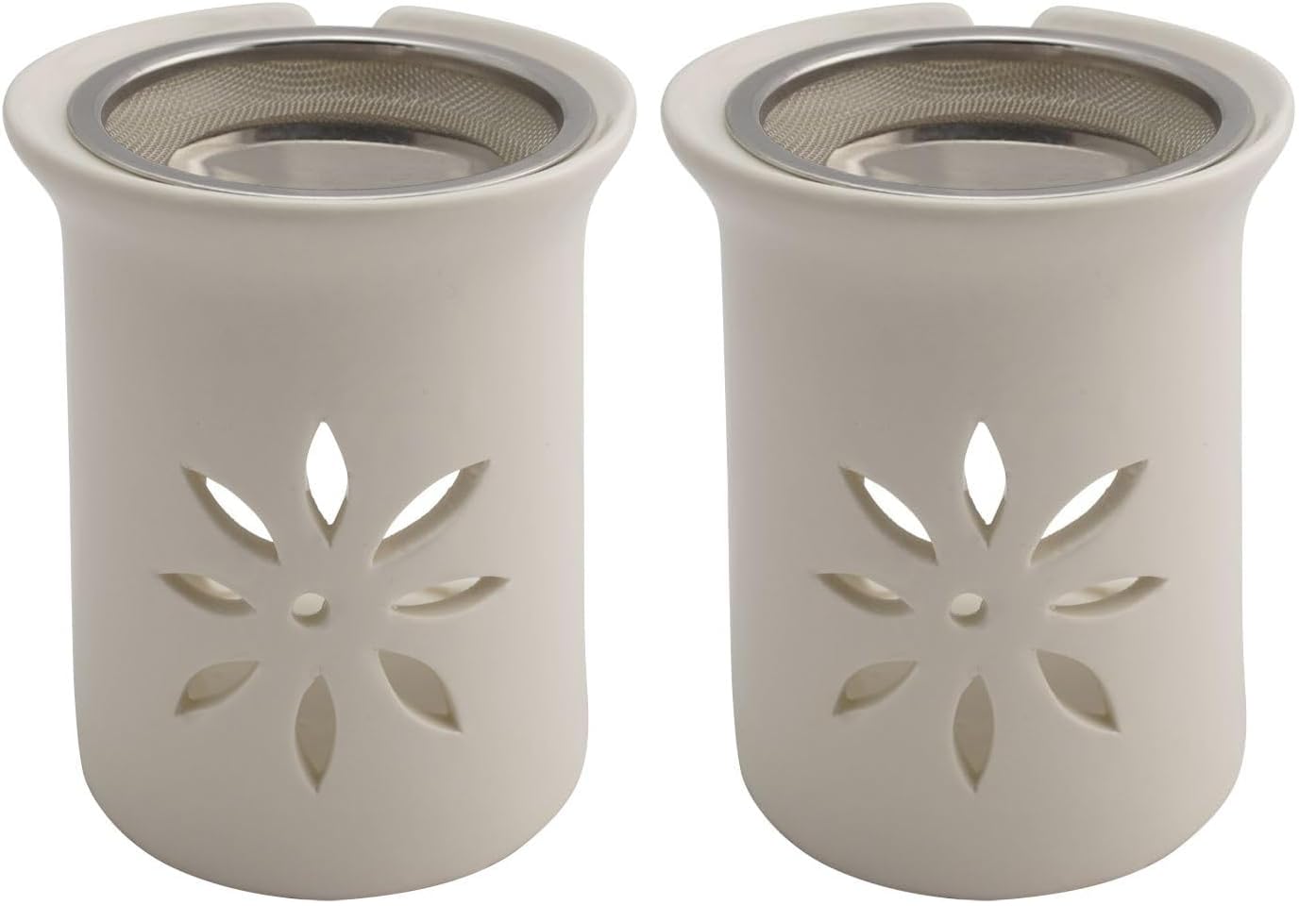 Räucherstövchen Keramik Weiß – Sternenblume Design mit Edelstahlsieb & Metallscheibe – Für Weihrauch & Kräuter, Höhe 11 cm | Incense Burner (Packung mit 2)