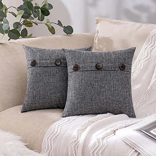 MIULEE Set of 2 Decorative Linen Throw Pillow Covers Cushion Case Triple Button Vintage Farmhouse Pillowcase for Couch Sofa Bed 16 x 16 Inch Beige