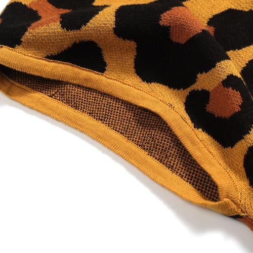 Knit Off The Shoulder T-Shirt for Women, Retro Leopard Print Ribbed Brown Tops Tee Shirts- Short Size4