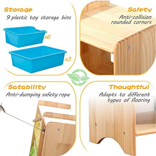 Mallbest 4-Tier Kids' Toy Storage Organizer Shelf - 100% Solid Wood,Children's Storage Cabinet With 9 Plastic Bins And 3 Storage Ports (Varnish) #TOP4