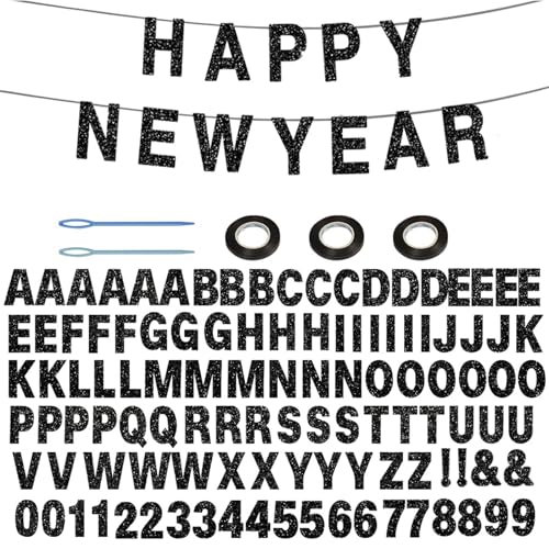 116 Pcs DIY Glitter Customizable Banner Kit Custom Banner Including 111 Letters and Numbers 3 Rope and 2 Threading Devices for Personalized Decor for Graduation Party, Birthday (Black) by ZJWZSLI - Used condition - US$7.19