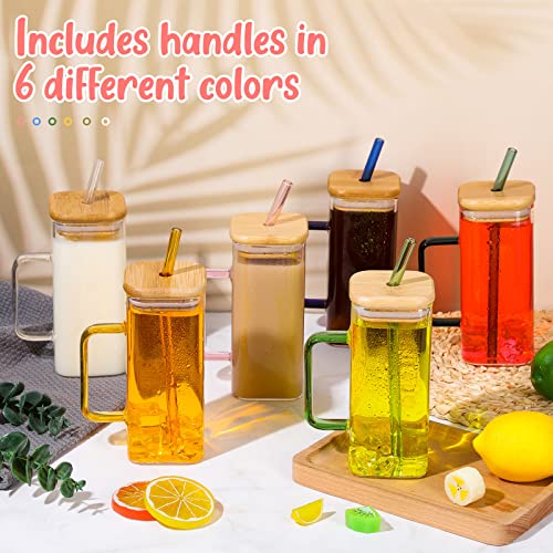 Rtteri 6 Pcs 13.5 Oz Square Glass Cups Drinking Glasses With Bamboo Lids And Straw Portable Kitchen Glasses With Color Handles For Home Office Travel Summer Party Supplies(Bright Color) #TOP1