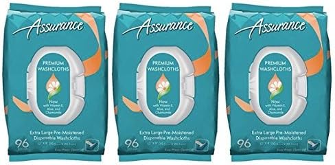 Assurance Premium Extra Large Pre-moistened Disposable Washcloths Easy Press-open Lid 96ct (3 Packs 288ct Total)