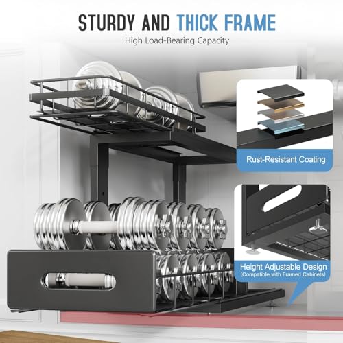 Image of Under Sink Organizer Upgrade To Professional Rails,2-Tier Dual Pull Out Cabinet Storage,Height Adjustable Slide Out Drawers For Bathroom Kitchen,2 Pack-16.7 inchDx12.8 inch-16.9 inchH,Black