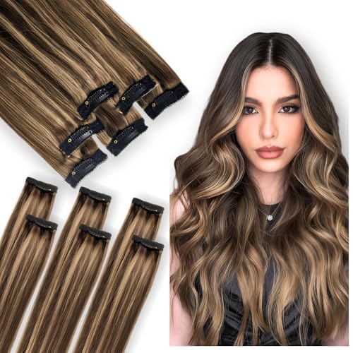 Clip In Hair Extensions Real Human Hair, Single Clip Ins Short Hair Extensions, Remy Balayage Highlight Hairpieces for Women 6 Pcs 10 Inch 31g Medium Brown Mixed Honey Blonde
