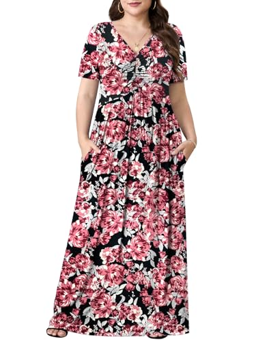 Image of PEVRL Plus Size Summer Maxi Dress for Curvy Women with Pockets 1X-5X | Short Sleeve, Twisted Front V-Neck, Summer Casual A Line Flowy Dress, Empire Waist Floral Print Beach Vacation Long Dress