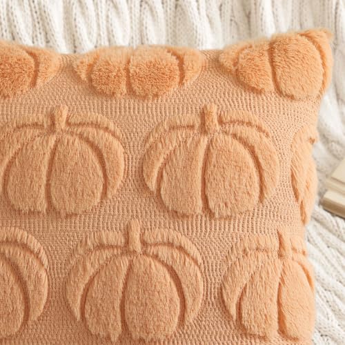 Image of decorUhome Fall Decorative Pumpkin Throw Pillow Covers 20x20 Set of 2, Soft Faux Fur Plush Farmhouse Accent Pillow Cases for Couch Bed Sofa Autumn Harvest Halloween Holiday Home Decor
