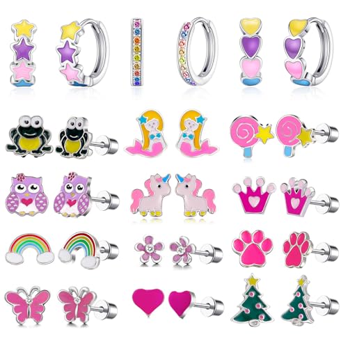 15 Pairs Stud Earrings Set :12 Pairs Unique Cartoon Flat Back Earrings & 3 Pairs Mini Hoops with Stainless Steel Posts and Screwback Earring